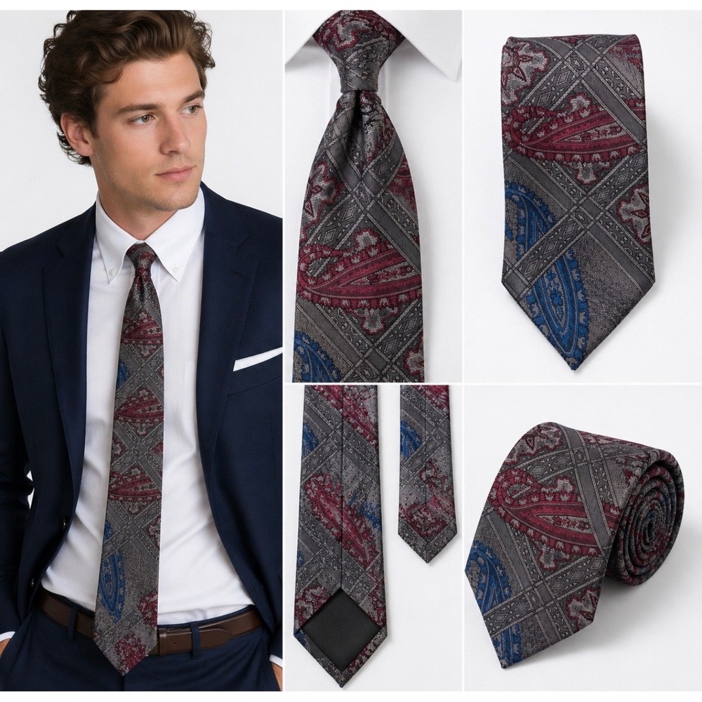 Oscar de la Renta Studio Mens Paisley Geometric Silk Necktie Grey Red Blue USA